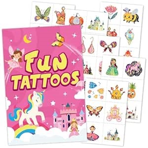 EMOME 204 Styles Glitter Tattoos for Kids, Mixed Temporary Tattoos for Kids, Individually Wrapped Mermaid Princess Butterfly Unicorns Stickers for Grils Birthday Party, Halloween Goodie Bag Stuffers