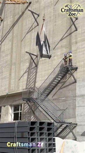 Workers and crane trucks cooperate to install stairs on the external wall of the plant