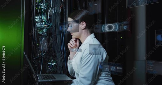 Female tech scanning data center rack reacting to diagnostic HUD, typing on laptop, checking LEDs