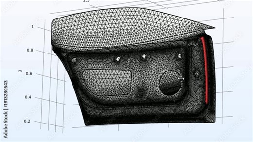 Video animation of computer 3d modeling and analysis of car door model with rotation using computer aided design system. Graph with calculation grid. Technic education cad drawing.