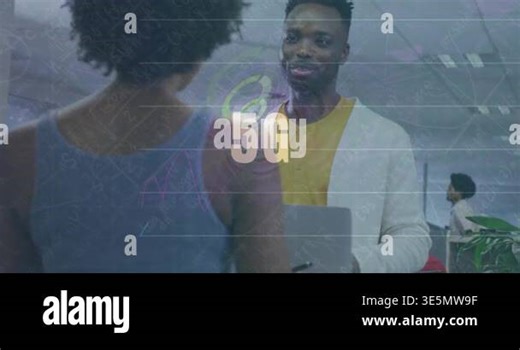 Animation of data processing and 5g text over diverse business people in office. Global business and digital interface concept digitally generated video Stock Video Footage - Alamy