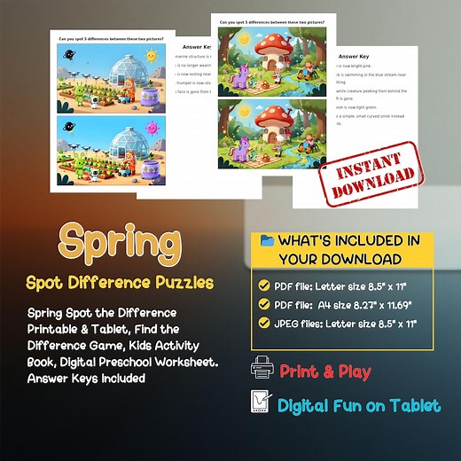 Spring Spot the Difference Printable & Tablet, Find the Difference Game, Kids Activity Book, Digital Preschool Worksheet - Etsy Australia