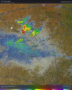 6:35 PM Radar Update: We’ve got a few strong storms in the Concho Valley right now, north of San Angelo. They’re behaving so far with some small hail/gusty winds the main threats. If they do become severe, it will likely be brief as they are moving east into more stable air and running out of time with sunset not too far off | US National Weather Service Abilene/San Angelo Texas