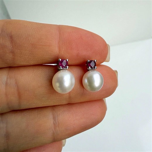 Sterling Silver Natural Ruby Pearl Stud Earrings, Minimalist Freshwater Cultured Pearl - Etsy