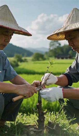Chinese Farmers Grafting Small Trees with Traditional Skill