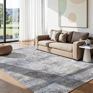 Washable Abstract 6x9 Area Rug: Low Pile and Non-Slip Rubber Backing Modern Large Soft Stain-Resistant Carpet for Living Room Bedroom Dining Room Kitchen and Home Office Blue Grey