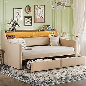 Twin Daybed with 2 Drawers and 2-Tier Storage Shelf, Twin Size Daybed with Charging Station (USB Port, Outlets) and RGB LED Light, PU Upholstered Day Bed (Beige, PU Leather)
