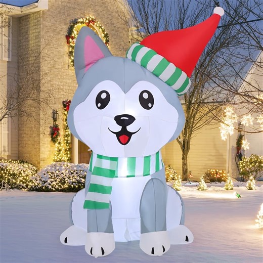 GOOSH Christmas Inflatables 5 FT Inflatable Christmas Dog with Built-in LEDs, Cute Christmas Inflatable Dog Blow up Husky Dog in Santa Hat, Outdoor Christmas Decorations for Xmas Holiday Party