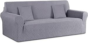Ruaozz Stretch Sofa Cover 1 Piece Couch Covers for 3 Cushion Couch Non Slip Universal Sofa Slipcover Washable Soft Jacquard Furniture Protector with 2 pcs Throw Pillow Covers (3 Seater, Light Grey)