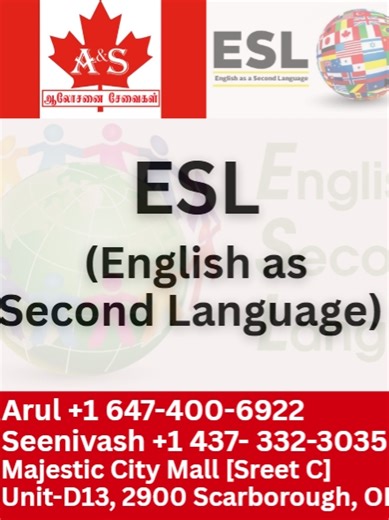 ESL (English as Second Language) #LearnEnglishCanada#TorontoESL#VancouverESL#EnglishLearningCanada #StudyEnglishCanada#ESLStudentsCanada#CanadaLanguageLearning#MCmall#Markham#Aalosanaisevaikal#Immigration#TamilRefugee#Tamilaakal#CanadaImmigration#ImmigirationConsultant#ImmigirationToCanada#CanadaVisa#NewtoToronto