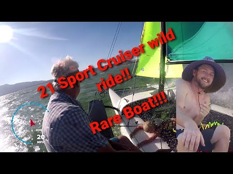 Sailing the "Unicorn" Hobie 21SC Sport Cruiser. Lake Elsinore Bradstock Beach. California