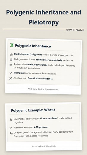 Visit: https://pscnotes.com Master the complexities of genetics for your State PSC & UPSC Biology preparation! 🧬 Ever wondered how multiple genes sculpt a single trait, like human height? That's **Polygenic Inheritance** at play, where genes contribute additively to produce continuous variation. Conversely, **Pleiotropy** shows how one gene can orchestrate a cascade of effects, impacting seemingly unrelated characteristics. Think Phenylketonuria (PKU) leading to both mental retardation and chan