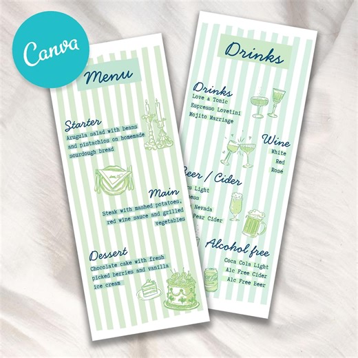 Editable Wedding Menu Template | Dinner & Drinks | Canva Design | Instant Download | Modern Illustrations - Etsy