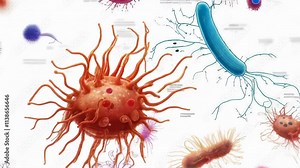 Different animated viruses and bacteria are moving on a white background. This illustration is perfect for topics related to health, disease and science