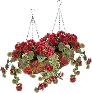 OakRidge Fully Assembled Artificial Geranium Hanging Basket, 10” Diameter and 18” Chain – Red Polyester/Plastic Flowers in Metal and Coco Fiber Liner Basket for Indoor/Outdoor Use, Set of 2