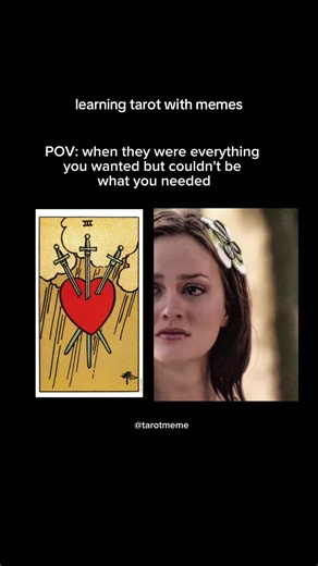 The Three of Swords represents heartbreak, separation, grief, sorrow, and emotional pain. It’s about experiencing heartbreak and having to face difficult truths, even when they’re painful to accept. #tarotreader #tarotcards #tarottok #meme #tarotmeme