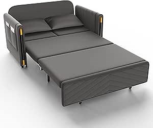 54" Pull-Out Sofa Bed, 3 in 1 Velvet Fabric Modern Convertible Sleeper Sofa 2-Seater Loveseats with Two Pillows and Arm Pockets for Living Room, Home, Office, Bedroom - Grey