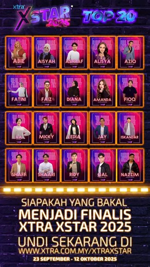 TOP 20 XTRA XSTAR 2025 Tahniah! Ini dia peserta Top 20 XTRA XSTAR 2025! 🔥 Siapakah yang bakal bergelar 5 finalis XTRA XSTAR 2025? Juara pula bakal bernaung di bawah Alternate Records & Talents! Undi peserta kegemaran anda bermula 23 September hingga 12 Oktober 2025 di https://www.xtra.com.my/xtraxstar #xtraxstar2025 #alternaterecordsandtalent | OHBULAN!