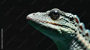 Close-up of a green lizard's head with vivid textures and scales. The sharp focus on the lizard's eye emphasizes its alertness and natural beauty.