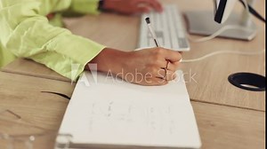 Hands, computer and woman writing notes for business schedule, office administration and reminder. Closeup worker, planning and notebook of ideas, typing desktop information and research web strategy