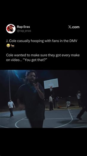 Rap Eras on Instagram: "J. Cole recently took a break from his “Trunk Sale Tour” promoting The Fall-Off to casually play basketball with fans in the DMV area (D.C., Maryland, Virginia). At 41, he showed off impressive skills in pickup games, emphasizing that fans capture every make on video with his signature “You got that?” callout. This happened around February 11-14, 2026, during his grassroots tour hitting HBCUs like Howard University and fan meetups in Silver Spring. Videos from the hooping