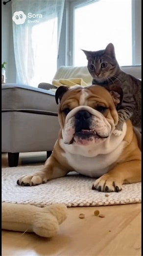 Cat claims the Bulldog as his personal couch/taxi. The dog is too sweet! 🥺 #cat #tabbycat #bulldog