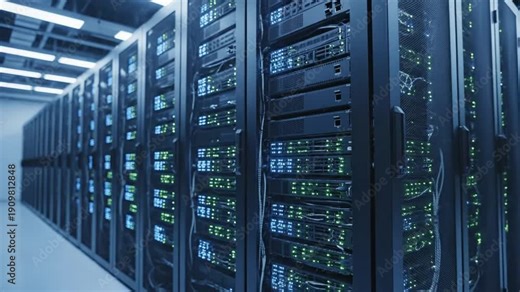 Servers working hard in a modern data center at night with glowing lights across the racks