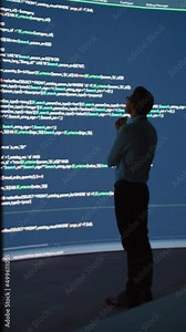 Vertical Screen. Innovative Startup: Portrait of Thoughtful Software Engineer Finding Solution, Planning Strategy, Doing Big Data Analysis. Screen Background. Programmer Developing e-Commerce App.