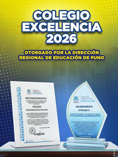 La excelencia no es casualidad, es compromiso diario. Somos Colegio Excelencia 2026, reconocimiento otorgado por la Dirección Regional de Educación de Puno. Un logro que nos impulsa a seguir formando estudiantes líderes y competitivos. 📷 Matrículas abiertas 2026