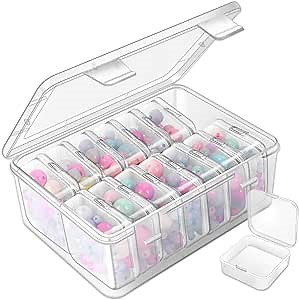 Premium Craft Organizers and Storage Containers, 15 Pack Small Bead Organizer Box, Sturdy Bead Storage Containers, Portable Plastic Box Set with Hinged Lids, Clear & Stackable
