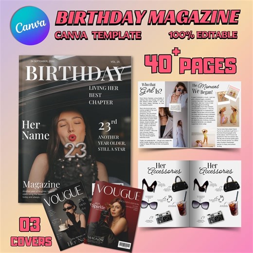 Custom Birthday Magazine Template – Vogue Style Keepsake | Editable Canva Printable Gift - Etsy