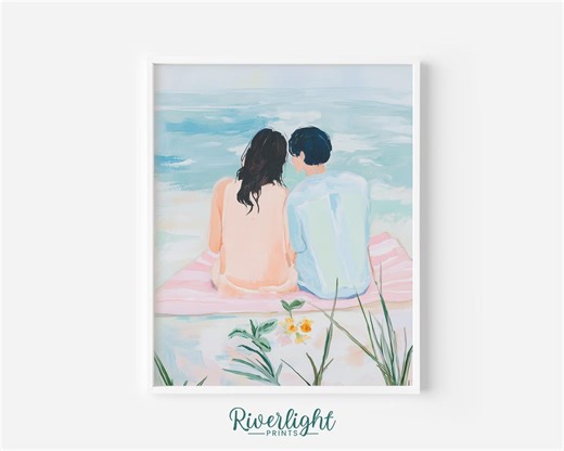 Romantic Couple on Beach Blanket - Valentines Printable Wall Art, Pastel Summer Ocean Scene, Serene Coastal Decor, Digital Art Download - Etsy