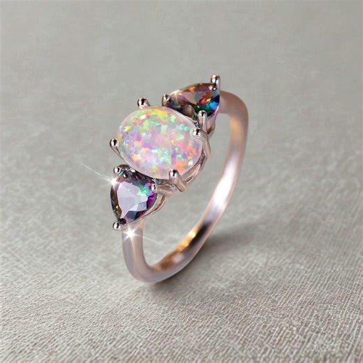 Mystic Opal Triple Moon Inspired Ring – White Fire Opal & Rainbow Zircon Moon Goddess Ring, Witchcore Crystal Jewelry, Boho Gift - Etsy UK