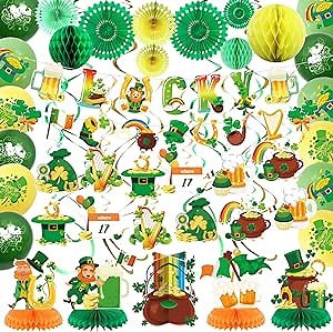St.Patrick's Day Party Decorations Set includes Pre-assembled Shamrock LUCKY Banner, Balloons, Clover Hanging Swirls, Honeycomb Centerpieces for Table, St.Patrick's Day Décor for Home, Office, Green