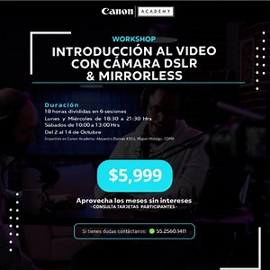 Aprende a hacer video con tu Cámara DSLR o Mirrorless. Si te apasionan los videos, este workshop es para ti 📹 📅 Inicia Lunes 2 de Octubre del 2023 16 horas en total, divididas en 6 Sesiones Fechas: Lunes 2 de Octubre Miércoles 4 de Octubre Sábado 7 de Octubre Lunes 9 de Octubre Miércoles 11 de Octubre Sábado 14 de Octubre ⏰ Horario: ­Lunes y Miércoles de 18:30 a 21:30 hrs. Sábados de 10:00 a 13:00 📍 Alejandro Dumas #311, Miguel Hidalgo. CDMX 💲 Precio: $5,999 y meses sin intereses 👥 Cupo lim