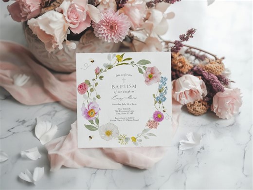 Baptism Invitation Template | Baby Christening Printable Invite | Wildflower Floral Boho Printable Invite | Evite, Text or Print - Etsy
