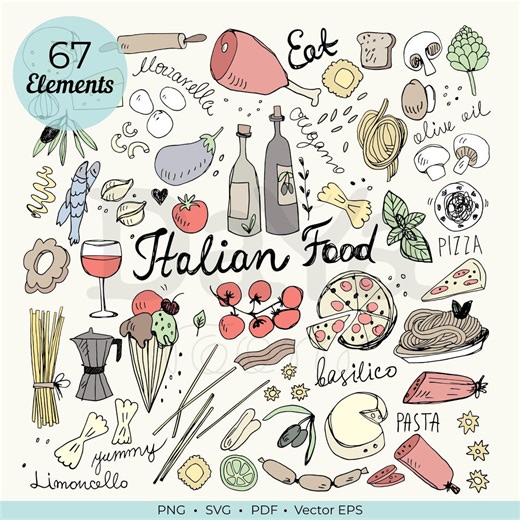 Italian Food Clipart Bundle, Pasta Pizza PNG SVG EPS, Hand Drawn Italian Clipart, Food Illustration, Kitchen Clipart, Commercial Use - Etsy