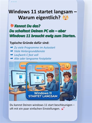 ⚡ Windows 11 startet langsam? So kannst Du den Start deutlich beschleunigen! #windows#pc#startup#langsam Dein PC braucht ewig zum Hochfahren? 😩 Viele Nutzer merken plötzlich, dass Windows 11 deutlich langsamer startet – oft wegen zu vieler Autostart-Programme, zu wenig Speicherplatz auf Laufwerk C oder anderer Systemfaktoren. Die gute Nachricht: Es gibt mehrere einfache Wege, um den Windows 11 Start zu beschleunigen und Deinen PC wieder schneller einsatzbereit zu machen. 🚀 👉 Schau Dir das Vid
