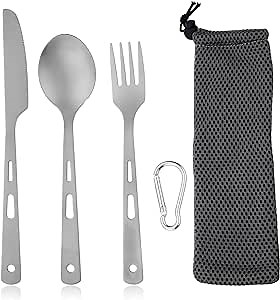 Titanium Utility Flatware 3PCS Knife Spoon Fork Set, Ultra Lightweight(Ti) Cutlery Set with Carabiner and Carry Bag, Portable Utensil Set for Outdoor Camping, Hiking, Picnic and Travel