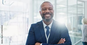 Pharmaceutical representative, face or salesman in clinic or hospital with arms crossed for medicine. Mature, black man or happy African healthcare medical officer with confidence, pride or smile