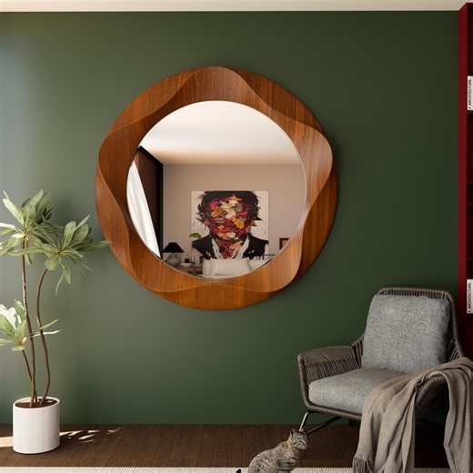 Modern Half Wood Round Mirror, Sculptural Wooden Wall Art Mirror for Living Room & Entryway