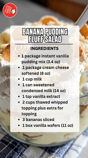 Banana Pudding Fluff Salad 🍌🍮 Ingredients 1 package instant vanilla pudding mix (3.4 oz) 1 package cream cheese softened (8 oz) 1 cup milk 1 can sweetened condensed milk (14 oz) 1 tsp vanilla extract 2 cups thawed whipped topping plus extra for topping 3 bananas sliced 1 box vanilla wafers (11 oz) Serves: 8–10 Dish Size: Large mixing bowl or trifle dish How to Make: In a large bowl, beat the softened cream cheese until smooth and creamy. Slowly mix in the sweetened condensed milk and vanilla e