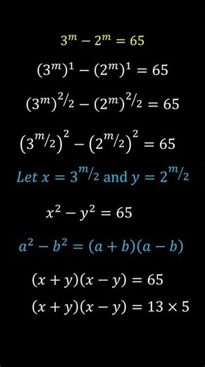 Solve This Exponential Equation | 3^m − 2^m = 65