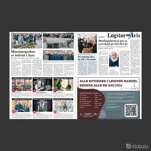 Aars Avis er ude igen her lige inden jul med lokale nyheder. En af dem er om, hvor Museumsparken kunne have været en stor parkeringsplads og supermarked i stedet for. En anden på landbrugssiderne er om frygten for tab af 1000 arbejdspladser i Vesthimmerland, efter Byrådet vedtog Lokal Trepart Limfjorden. Men der er også julestemning med artikel og fotos fra søndagens optog, og Barnets Blå Hus fik både ny donation og er reddet. Go' læselyst og, som musen siger i Disneys Juleshow, bø-bø-bø GLÆDELI