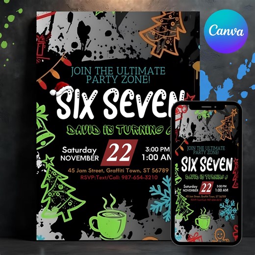 Six Seven Birthday Party Invitation, 6 7 Meme Birthday Six Seven Birthday Party Invitation, 6 7 Meme Birthday, 6th Birthday Canva Template - Etsy
