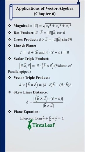 Important Formulas in Applications of Vector Algebra for 12th students‪@TintaLeaf‬ #maths #education