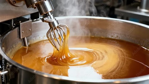Industrial fondant maker with mechanical beaters stirring flavored syrup releasing aromatic steam as the smooth mass forms highlighting confectionery production precision.