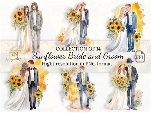 Sunflower Bride and Groom Clipart Collection • Watercolor Bride and Groom Cliparts • Hight Resolution • PNG Format • Print on Demand - Etsy