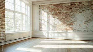 3D mockup of traditional loft room interior with brick wall, classic wall paneling, and windows. 4K Video
