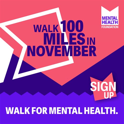 🚶‍♀️ Walk 100 Miles in November for Mental Health Foundation. Together, step by step, we can build a society where everyone has good mental health. 💜 | Mental Health Foundation
